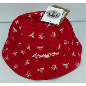 New NBA Chicago Bulls Mitchell & Ness Bucket Hat Red Logo All Over Print L/XL